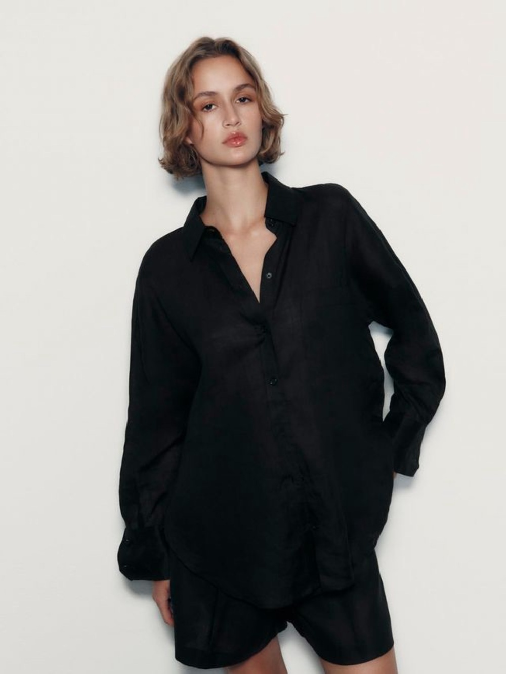 ZARA 100% Linen Black Women's Button-Up Shirt